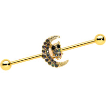 Load image into Gallery viewer, 14G Aurora Black Gem Gold Tone Owl Moon Industrial Barbell 38mm
