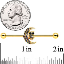 Load image into Gallery viewer, 14G Aurora Black Gem Gold Tone Owl Moon Industrial Barbell 38mm
