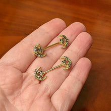Load image into Gallery viewer, 14G 5/8 Aurora Gem Gold Tone Owl Moon Barbell Nipple Ring Set
