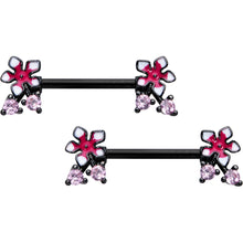 Load image into Gallery viewer, 14G 9/16 Pink Gem Black Fanciful Flower Barbell Nipple Ring Set
