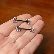 Load image into Gallery viewer, 14G 9/16 Pink Gem Black Fanciful Flower Barbell Nipple Ring Set
