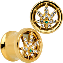Load image into Gallery viewer, Green Gem Gold Tone Pot Leaf Double Flare Tunnel Plug Set
