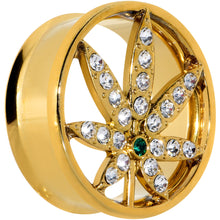 Load image into Gallery viewer, Green Gem Gold Tone Pot Leaf Double Flare Tunnel Plug Set
