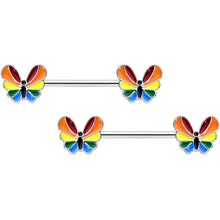 Load image into Gallery viewer, 14G 9/16 Pride Rainbow Stripe Butterfly Barbell Nipple Ring Set
