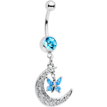 Load image into Gallery viewer, Aqua Gem Crescent Moon Butterfly Dangle Belly Ring
