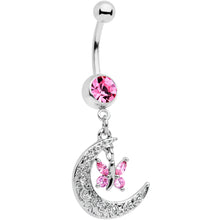 Load image into Gallery viewer, Pink Gem Crescent Moon Butterfly Dangle Belly Ring
