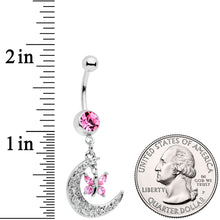 Load image into Gallery viewer, Pink Gem Crescent Moon Butterfly Dangle Belly Ring
