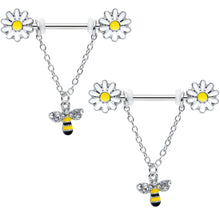 Load image into Gallery viewer, 14G 9/16 Clear Gem Daisy Bee Chain Dangle Barbell Nipple Ring Set
