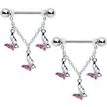 Load image into Gallery viewer, 14G 9/16 Pink Gem Open Butterfly Chain Dangle Nipple Ring Set
