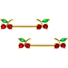 Load image into Gallery viewer, 14G 9/16 Red Gem Gold Tone Tasty Cherry Barbell Nipple Ring Set
