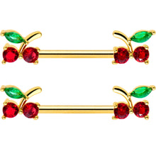 Load image into Gallery viewer, 14G 9/16 Red Gem Gold Tone Tasty Cherry Barbell Nipple Ring Set
