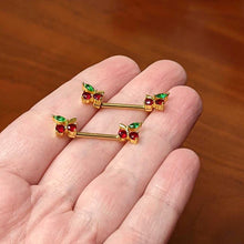 Load image into Gallery viewer, 14G 9/16 Red Gem Gold Tone Tasty Cherry Barbell Nipple Ring Set
