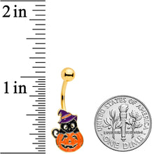 Load image into Gallery viewer, Gold Tone Black Cat Witch Pumpkin Halloween Belly Ring
