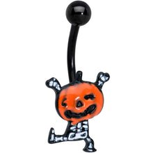 Load image into Gallery viewer, Black Dancing Skeleton Pumpkin Happy Halloween Belly Ring
