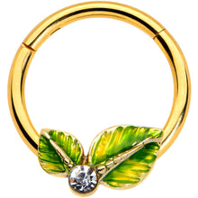 Load image into Gallery viewer, 16G 3/8 Clear Gem Gold Tone Lush Green Leaves Hinged Segment Ring
