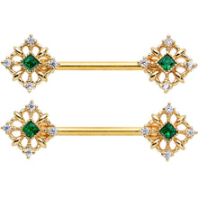 Load image into Gallery viewer, 14G 9/16 Green Gem Gold Tone Noble Square Barbell Nipple Ring Set
