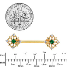 Load image into Gallery viewer, 14G 9/16 Green Gem Gold Tone Noble Square Barbell Nipple Ring Set
