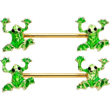 Load image into Gallery viewer, 14G 9/16 Gold Tone Green Tree Frog Barbell Nipple Ring Set
