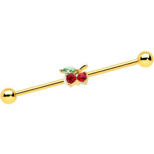 Load image into Gallery viewer, 14G Red Gem Gold Tone Tasty Cherry Fruit Industrial Barbell 38mm
