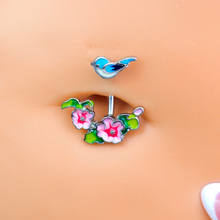 Load image into Gallery viewer, Clear Gem Blue Bird Pink Flowers Double Mount Belly Ring
