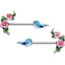 Load image into Gallery viewer, 14G 9/16 Happy Blue Bird Pink Flowers Barbell Nipple Ring Set
