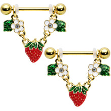 Load image into Gallery viewer, 14G 9/16 Clear Gem Gold Tone Strawberry Dangle Nipple Ring Set
