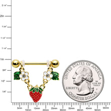 Load image into Gallery viewer, 14G 9/16 Clear Gem Gold Tone Strawberry Dangle Nipple Ring Set
