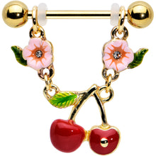 Load image into Gallery viewer, 14G 9/16 Clear Gem Gold Tone Cherry Fruit Dangle Nipple Ring Set
