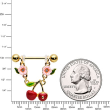 Load image into Gallery viewer, 14G 9/16 Clear Gem Gold Tone Cherry Fruit Dangle Nipple Ring Set
