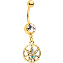Load image into Gallery viewer, Clear Green Gem Gold Tone Circle Pot Leaf Dangle Belly Ring
