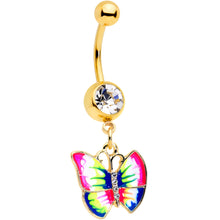 Load image into Gallery viewer, Clear Gem Gold Tone Bright Rainbow Butterfly Dangle Belly Ring
