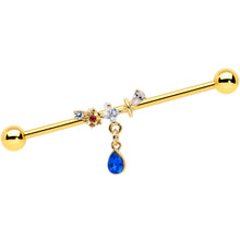 Load image into Gallery viewer, 14G Clear Blue Gem Gold Tone Drop Dangle Industrial Barbell 38mm
