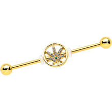 Load image into Gallery viewer, 14G Clear Gem Gold Tone Pot Leaf Circle Industrial Barbell 38mm
