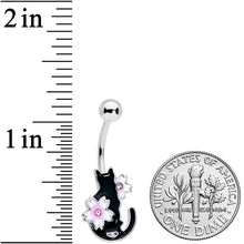 Load image into Gallery viewer, Clear Gem Black Cat Pink Flowers Belly Ring
