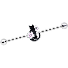 Load image into Gallery viewer, 14G Pink Gem Black Cat White Flower Industrial Barbell 38mm
