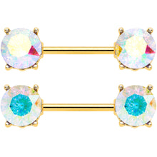 Load image into Gallery viewer, 14G 9/16 Clear Gem Gold Tone Simply Elegant Nipple Ring Set
