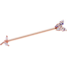 Load image into Gallery viewer, 14G Aurora CZ Rose Gold Tone Butterfly Industrial Barbell 38mm
