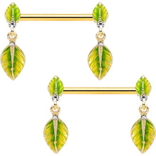 Load image into Gallery viewer, 14G 5/8 Clear Gem Gold Tone Lush Leaves Dangle Nipple Ring Set
