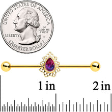 Load image into Gallery viewer, 14G Purple Tourmaline Gold Tone Drop Industrial Barbell 38mm
