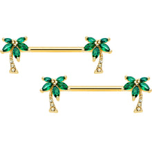 Load image into Gallery viewer, 14G 9/16 Clear Green Gem Gold Tone Palm Tree Nipple Ring Set
