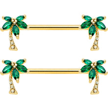 Load image into Gallery viewer, 14G 9/16 Clear Green Gem Gold Tone Palm Tree Nipple Ring Set
