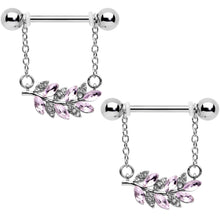 Load image into Gallery viewer, 14G 9/16 Clear Pink Gem Leafy Branch Dangle Nipple Ring Set
