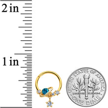 Load image into Gallery viewer, 16G 3/8 Clear CZ Gem Gold Hue Blue Saturn Star Hinged Segment Ring

