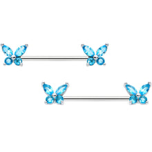Load image into Gallery viewer, 14G 3/4 Blue CZ Gem Butterflies Barbell Nipple Ring Set
