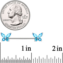 Load image into Gallery viewer, 14G 3/4 Blue CZ Gem Butterflies Barbell Nipple Ring Set
