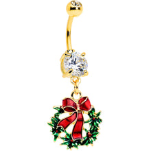 Load image into Gallery viewer, Clear CZ Gem Gold Tone Festive Bow Wreath Christmas Dangle Belly Ring
