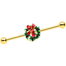 Load image into Gallery viewer, 14 Gold Tone Festive Wreath Bow Christmas Industrial Barbell 38mm
