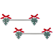 Load image into Gallery viewer, 14G 9/16 Pine Bough Red Bow Christmas Barbell Nipple Ring Set
