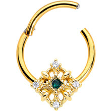 Load image into Gallery viewer, 16G 3/8 Clear Green Gem Gold Hue Noble Square Hinged Segment Ring
