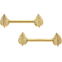 Load image into Gallery viewer, 14G 9/16 Gold Tone Autumn Textured Leaf Barbell Nipple Ring Set
